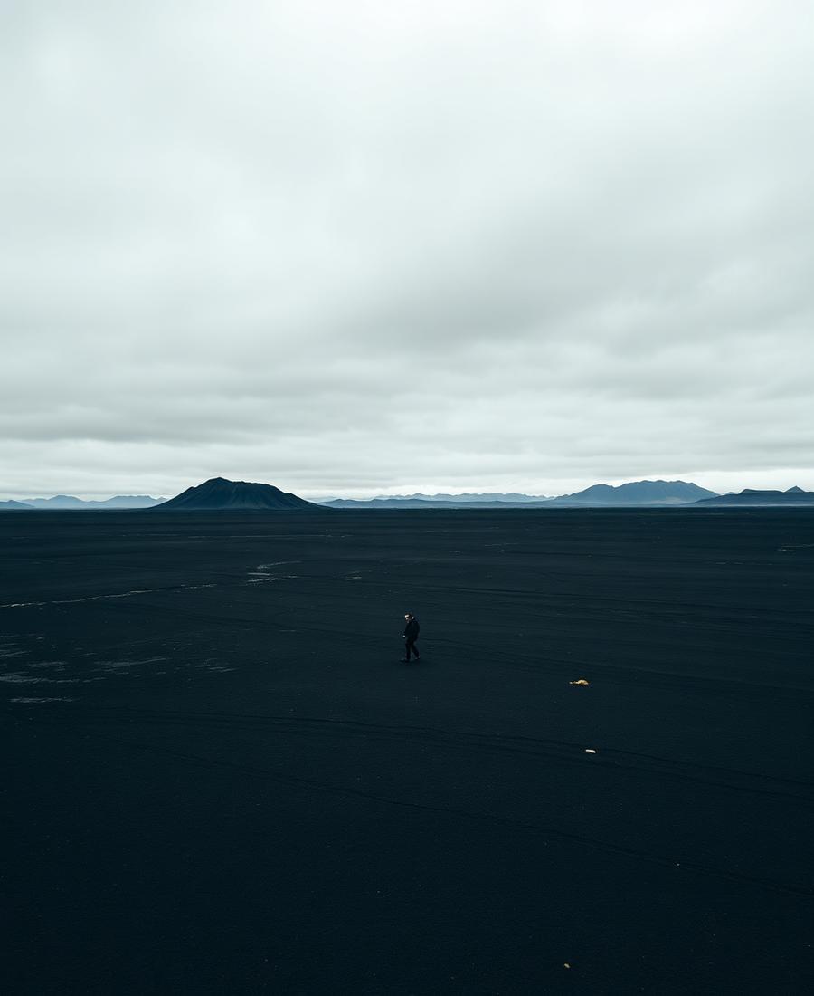 Hiker on volcanic plain